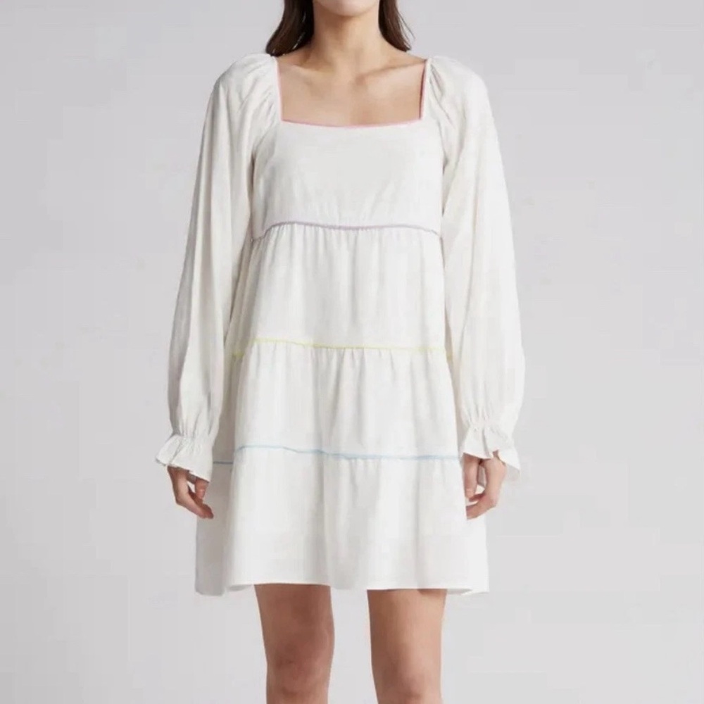 Lucy Paris Rainbow Bright Long Sleeve‎ Babydoll Dress White Milkmaid Boho Flowy